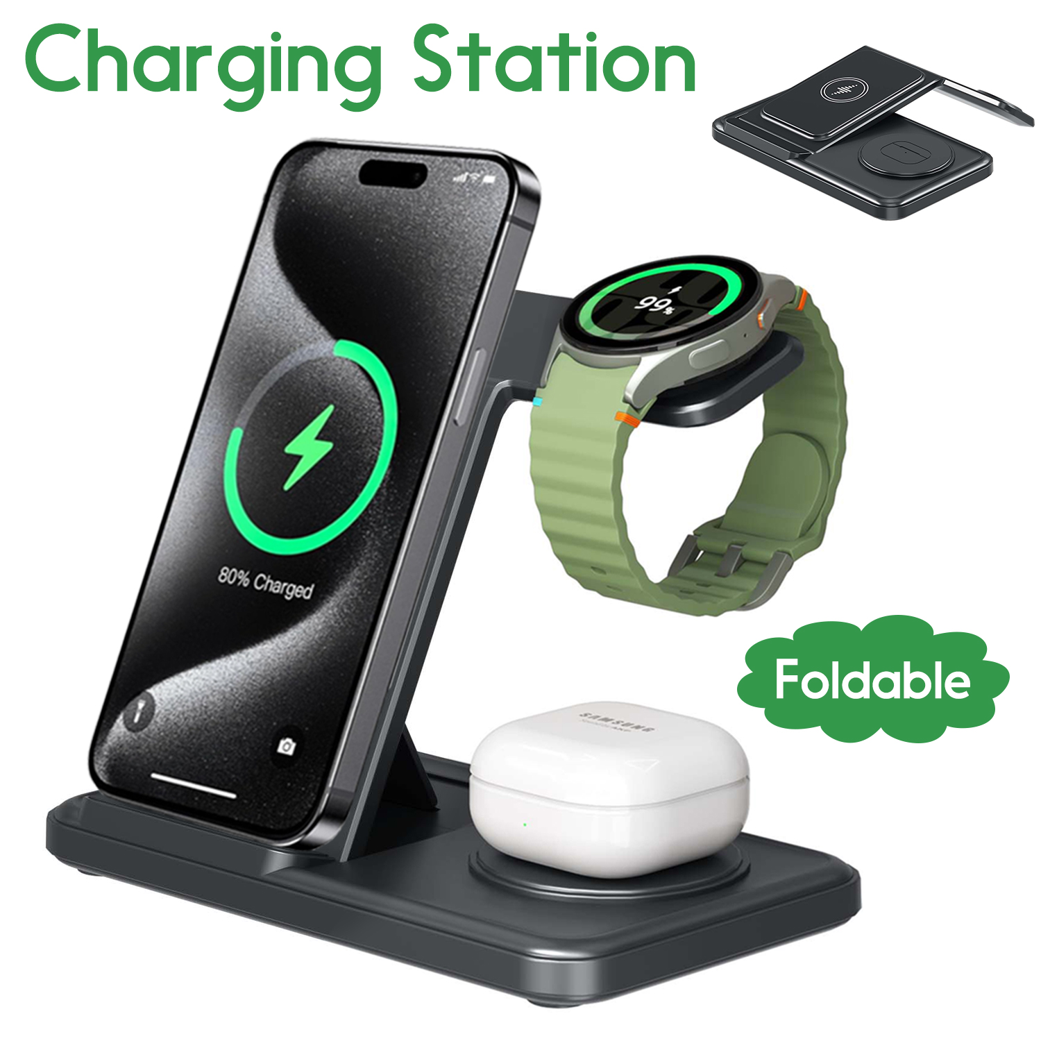 Wireless Charger Watch - Desktop 3-in-1 Wireless Charger Station For