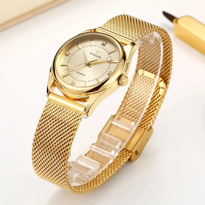 WWOOR Luxury Brand Dress Gold  - đánh giá và giá Stainless Mesh Band